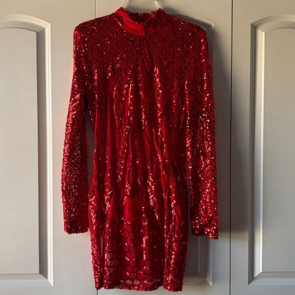 Banjul Red Sequined Mesh Dress with Matching Bottoms Size Large Bodycon
